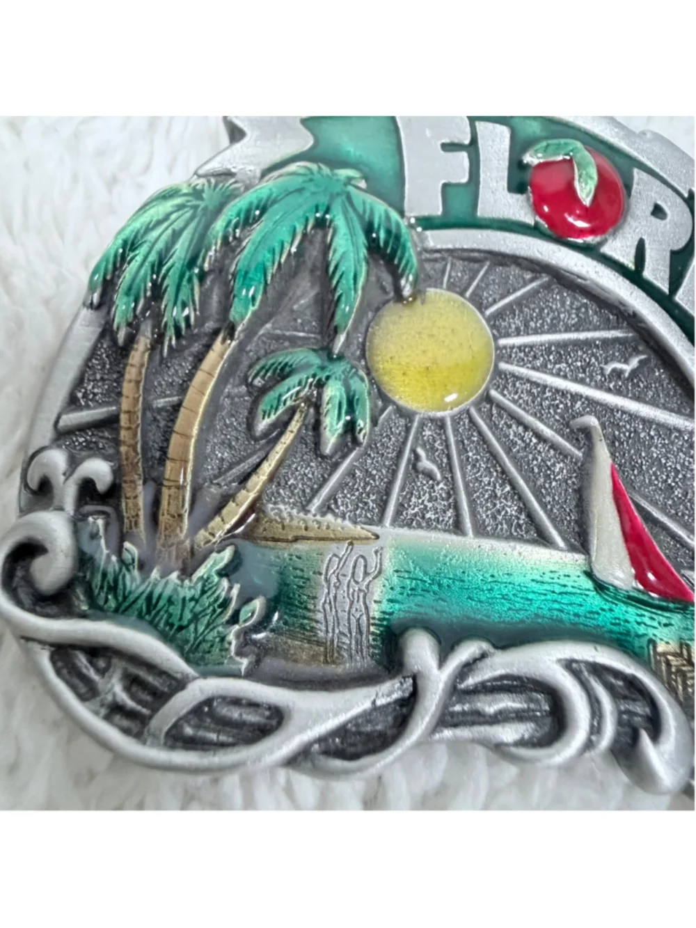 Vintage 1980 Great American Buckle Co Florida Enamel Beach Sailboat Sunset USA